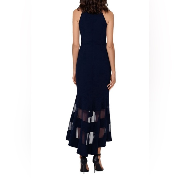 ❤️XSCAPE Womens Navy Zippered Sleeveless V Neck Midi Cocktail Mermaid Dress - Picture 5 of 9